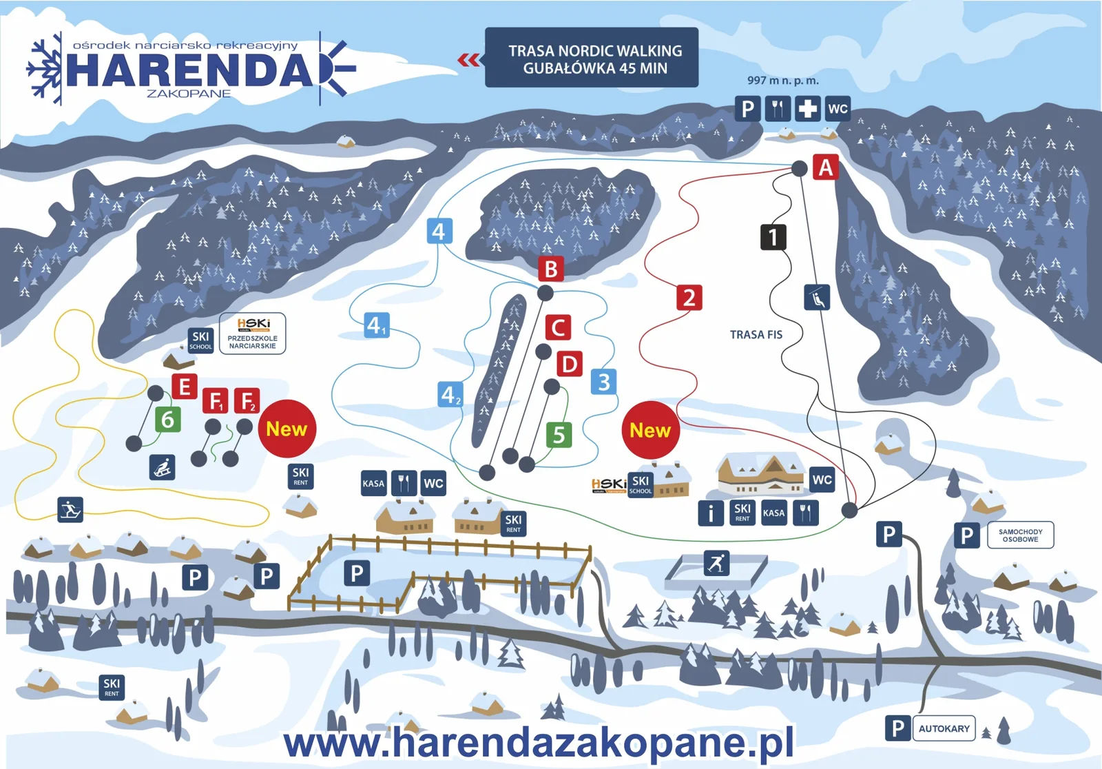 Mapa tras ośrodka Harenda w Zakopanem: kolej krzesełkowa, sześć tras z trasą FIS, lodowisko i parkingi