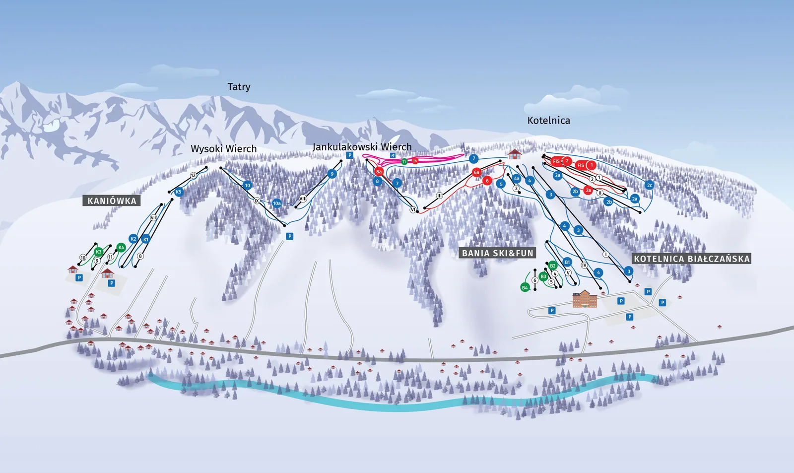 Mapa tras narciarskich w Białce Tatrzańskiej: Kotelnica Białczańska, Kaniówka i Bania Ski & Fun z zaznaczonymi kolejami i trasami
