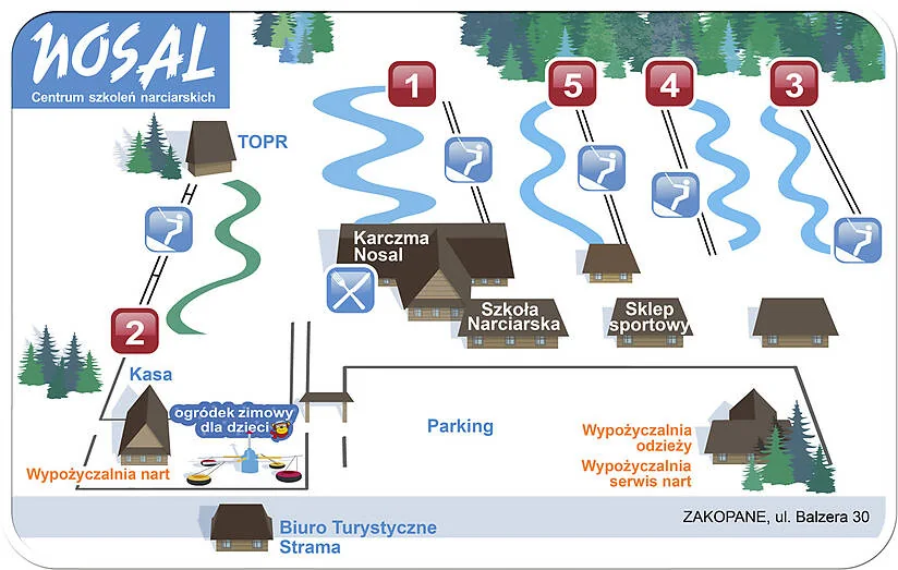 Plan Centrum Szkoleń Narciarskich Nosal: pięć wyciągów orczykowych, ogródek zimowy dla dzieci, szkoła narciarska i wypożyczalnie