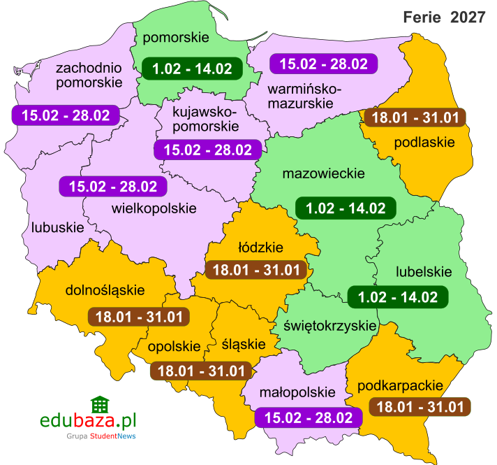 Mapa Polski z terminami ferii zimowych 2027 według województw: 18–31 stycznia, 1–14 lutego i 15–28 lutego