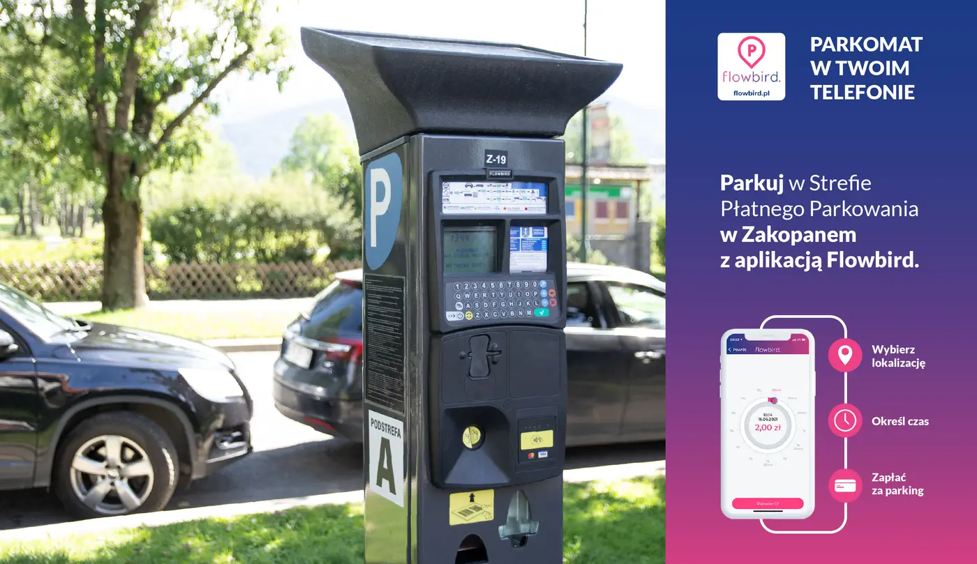 Parkomat w podstrefie A w Zakopanem oraz aplikacja Flowbird do płatności za parkowanie