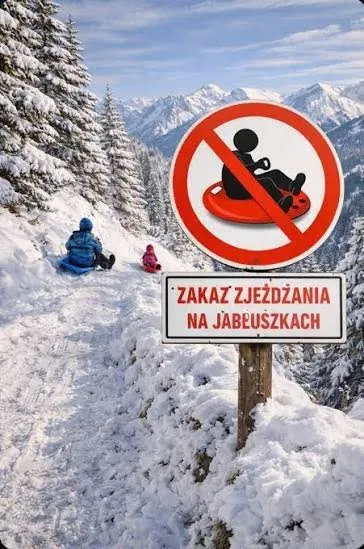 Znak zakazu zjeżdżania na jabłuszkach przy zaśnieżonym szlaku w górach, w tle dzieci na sankach i ośnieżone szczyty